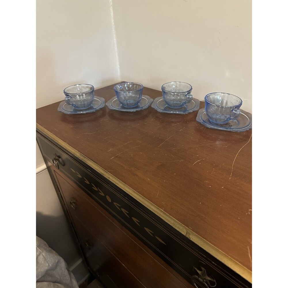 VTG Set of 4 Blue Depression Glass Madrid Cup & Saucer Federal Glass